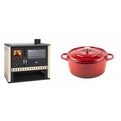 Set Küchenofen / Küchenhexe Prity GT, mit Edelstahlbackofen und Glaskeramikkochfeld, Leistung 15 kW + Gusseisen Topf Tiefer Solagio, Rubin, Ф24 - Kaminofen - Holzofen mit Backfach