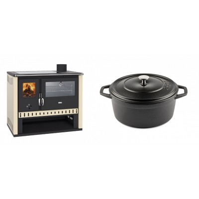 Set Küchenofen / Küchenhexe Prity GT, mit Edelstahlbackofen und Glaskeramikkochfeld, Leistung 15 kW + Gusseisen Topf Tiefer Solagio, Black Onyx, Ф24 - Kaminofen - Holzofen mit Backfach