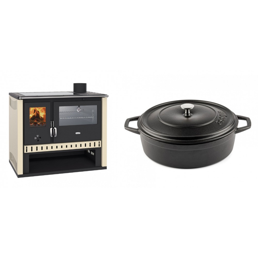 Set Küchenofen / Küchenhexe Prity GT, mit Edelstahlbackofen und Glaskeramikkochfeld, Leistung 15 kW + Gusseisen Topf Flach Solagio, Black Onyx, Ф28 | Kaminofen - Holzofen mit Backfach | Kaminofen |