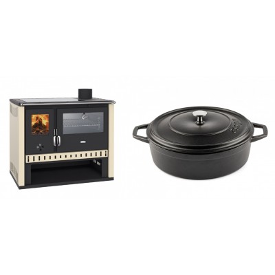 Set Küchenofen / Küchenhexe Prity GT, mit Edelstahlbackofen und Glaskeramikkochfeld, Leistung 15 kW + Gusseisen Topf Flach Solagio, Black Onyx, Ф28 - Kaminofen - Holzofen mit Backfach