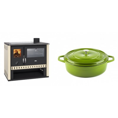 Set Küchenofen / Küchenhexe Prity GT, mit Edelstahlbackofen und Glaskeramikkochfeld, Leistung 15 kW + Gusseisen Topf Flach Solagio, Bamboo, Ф28 - Kaminofen - Holzofen mit Backfach