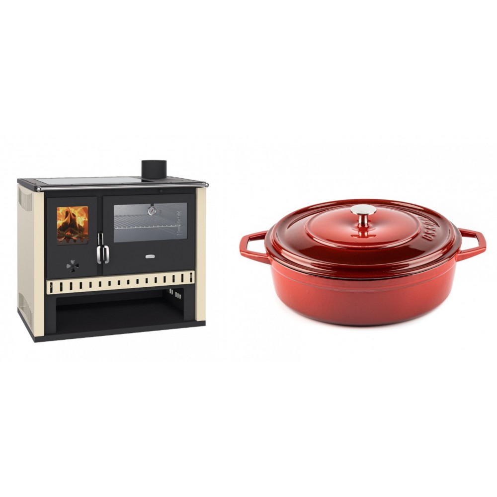 Set Küchenofen / Küchenhexe Prity GT, mit Edelstahlbackofen und Glaskeramikkochfeld, Leistung 15 kW + Gusseisen Topf Flach Solagio, Rubin, Ф28