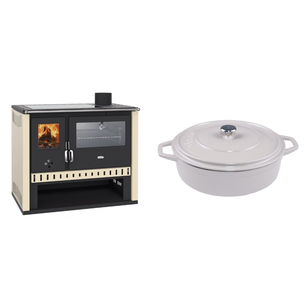 Set Küchenofen / Küchenhexe Prity GT, mit Edelstahlbackofen und Glaskeramikkochfeld, Leistung 15 kW + Gusseisen Topf Flach Solagio, Ivory, Ф28