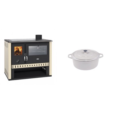 Set Küchenofen / Küchenhexe Prity GT, mit Edelstahlbackofen und Glaskeramikkochfeld, Leistung 15 kW + Gusseisen Topf Tiefer Solagio, Ivory, Ф12 - Kaminofen - Holzofen mit Backfach