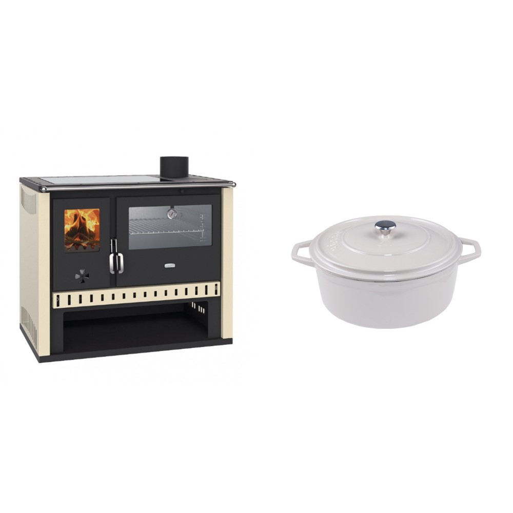 Set Küchenofen / Küchenhexe Prity GT, mit Edelstahlbackofen und Glaskeramikkochfeld, Leistung 15 kW + Gusseisen Topf Tiefer Solagio, Ivory, Ф20
