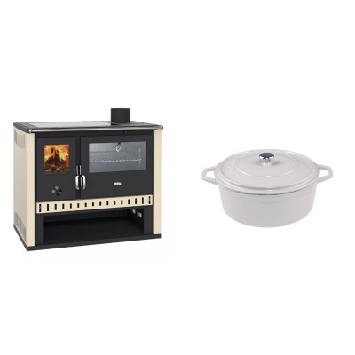 Set Küchenofen / Küchenhexe Prity GT, mit Edelstahlbackofen und Glaskeramikkochfeld, Leistung 15 kW + Gusseisen Topf Tiefer Solagio, Ivory, Ф20 - Kaminofen - Holzofen mit Backfach
