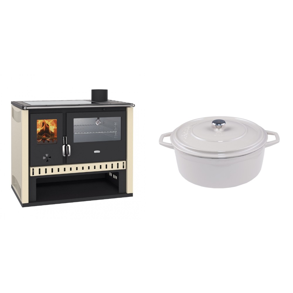 Set Küchenofen / Küchenhexe Prity GT, mit Edelstahlbackofen und Glaskeramikkochfeld, Leistung 15 kW + Gusseisen Topf Tiefer Solagio, Ivory, Ф24