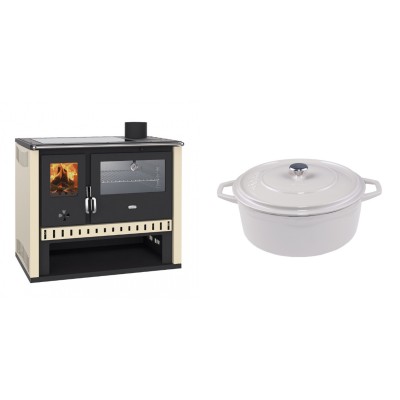 Set Küchenofen / Küchenhexe Prity GT, mit Edelstahlbackofen und Glaskeramikkochfeld, Leistung 15 kW + Gusseisen Topf Tiefer Solagio, Ivory, Ф24 - Kaminofen - Holzofen mit Backfach