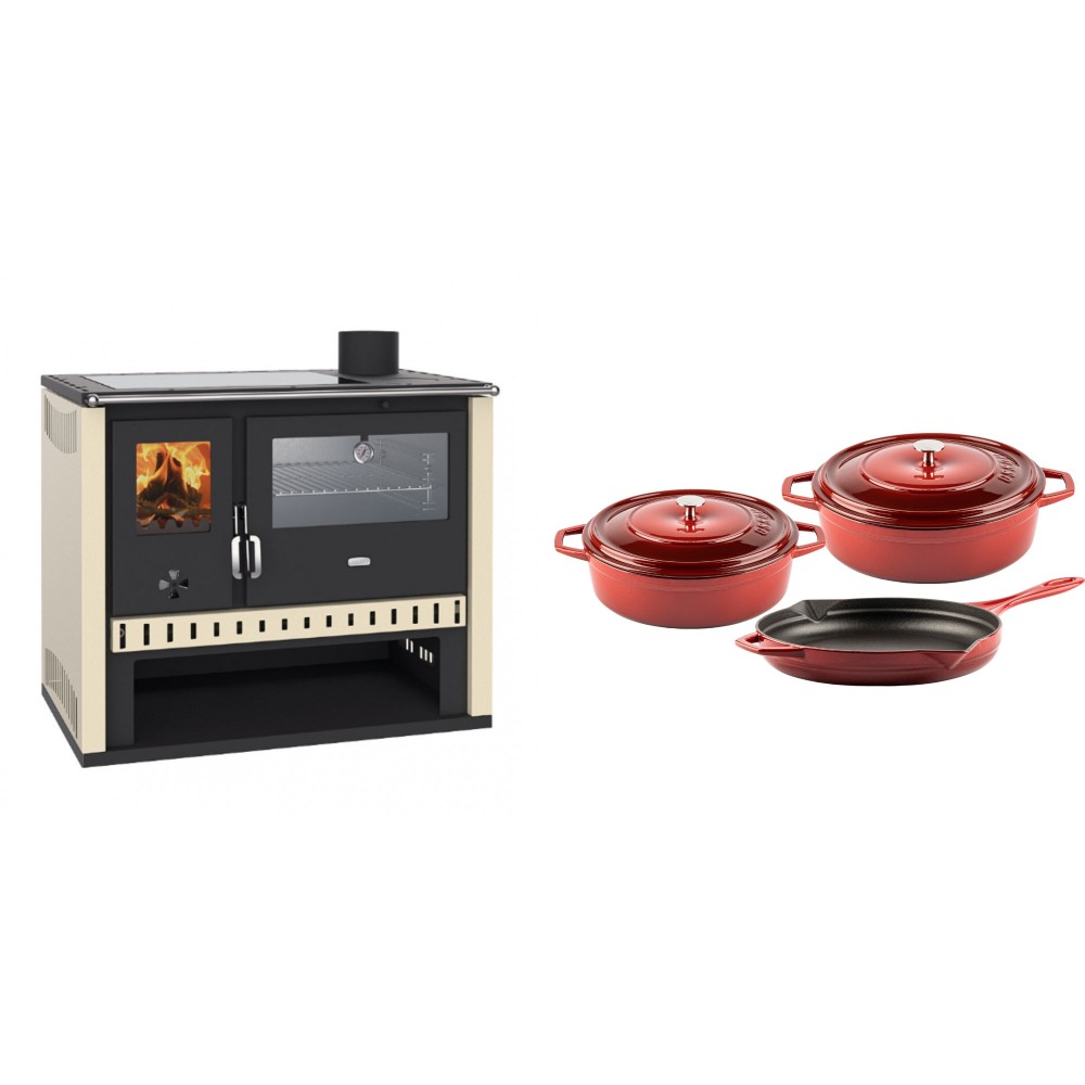Set Küchenofen / Küchenhexe Prity GT, mit Edelstahlbackofen und Glaskeramikkochfeld, Leistung 15 kW + Gusseisen Topf Set aus 3 teilen Solagio, Rubin | Kaminofen - Holzofen mit Backfach | Kaminofen |