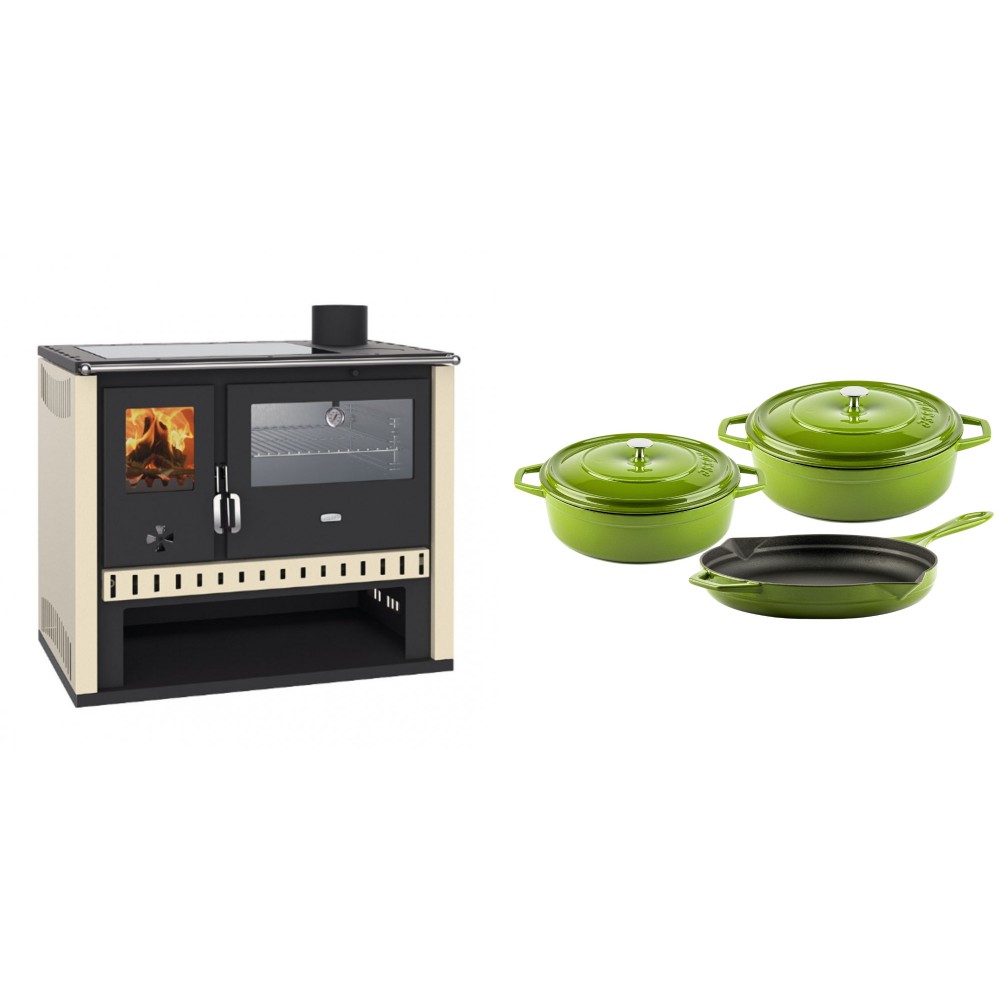 Set Küchenofen / Küchenhexe Prity GT, mit Edelstahlbackofen und Glaskeramikkochfeld, Leistung 15 kW + Gusseisen Topf Set aus 3 teilen Solagio, Bamboo | Kaminofen - Holzofen mit Backfach | Kaminofen |