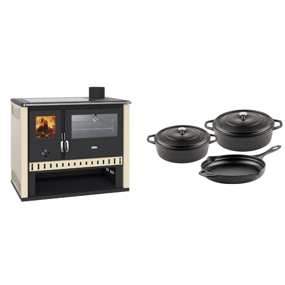 Set Küchenofen / Küchenhexe Prity GT, mit Edelstahlbackofen und Glaskeramikkochfeld, Leistung 15 kW + Gusseisen Topf Set aus 3 teilen Solagio, Black Onyx