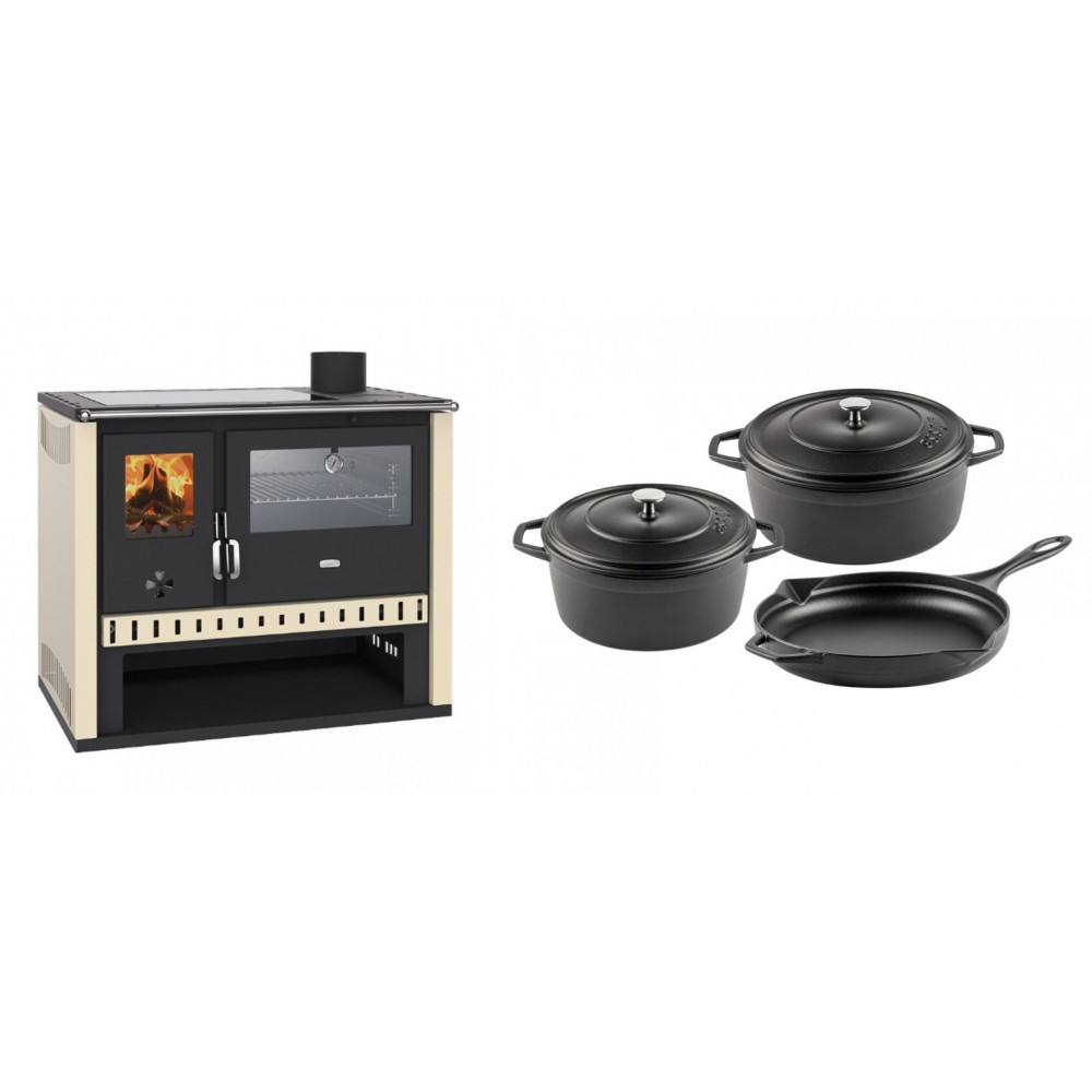 Set Küchenofen / Küchenhexe Prity GT, mit Edelstahlbackofen und Glaskeramikkochfeld, Leistung 15 kW + Gusseisen Topf Set aus 3 teilen Solagio, Black Onyx