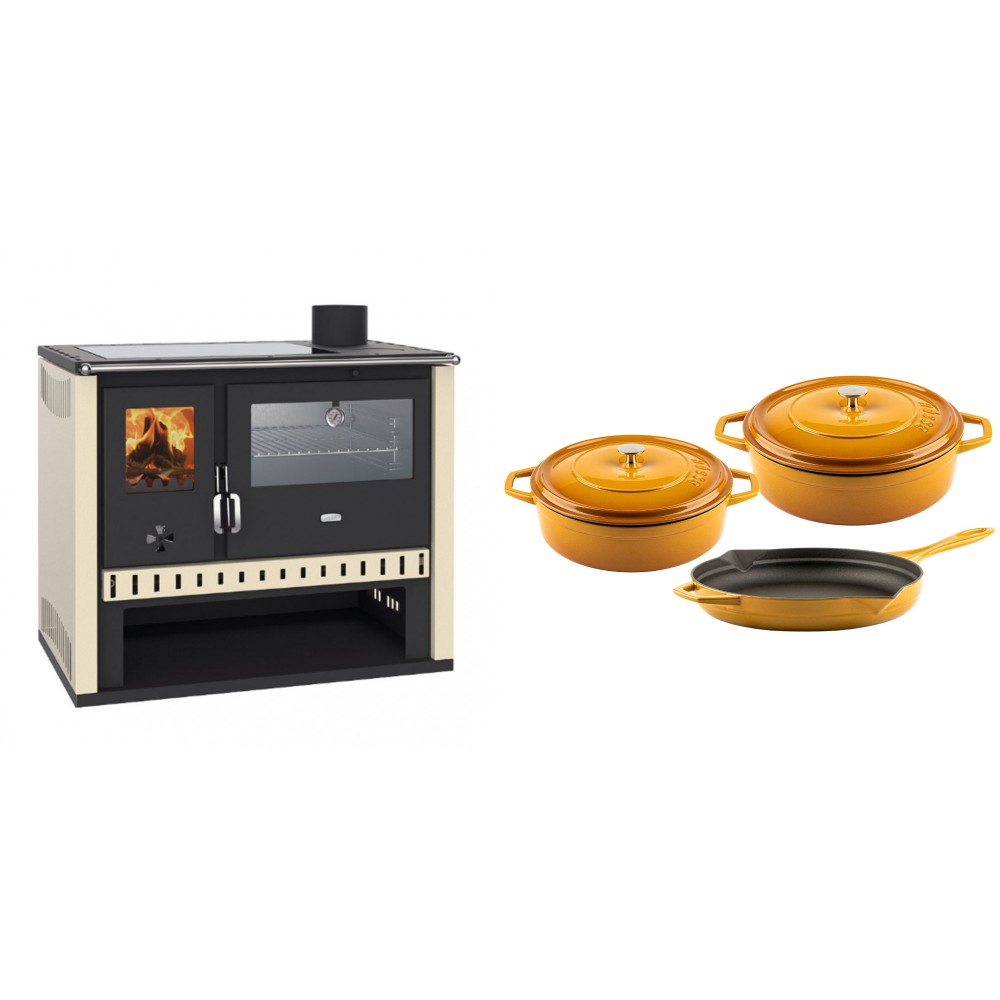 Set Küchenofen / Küchenhexe Prity GT, mit Edelstahlbackofen und Glaskeramikkochfeld, Leistung 15 kW + Gusseisen Topf Set aus 3 teilen Solagio, Dijon