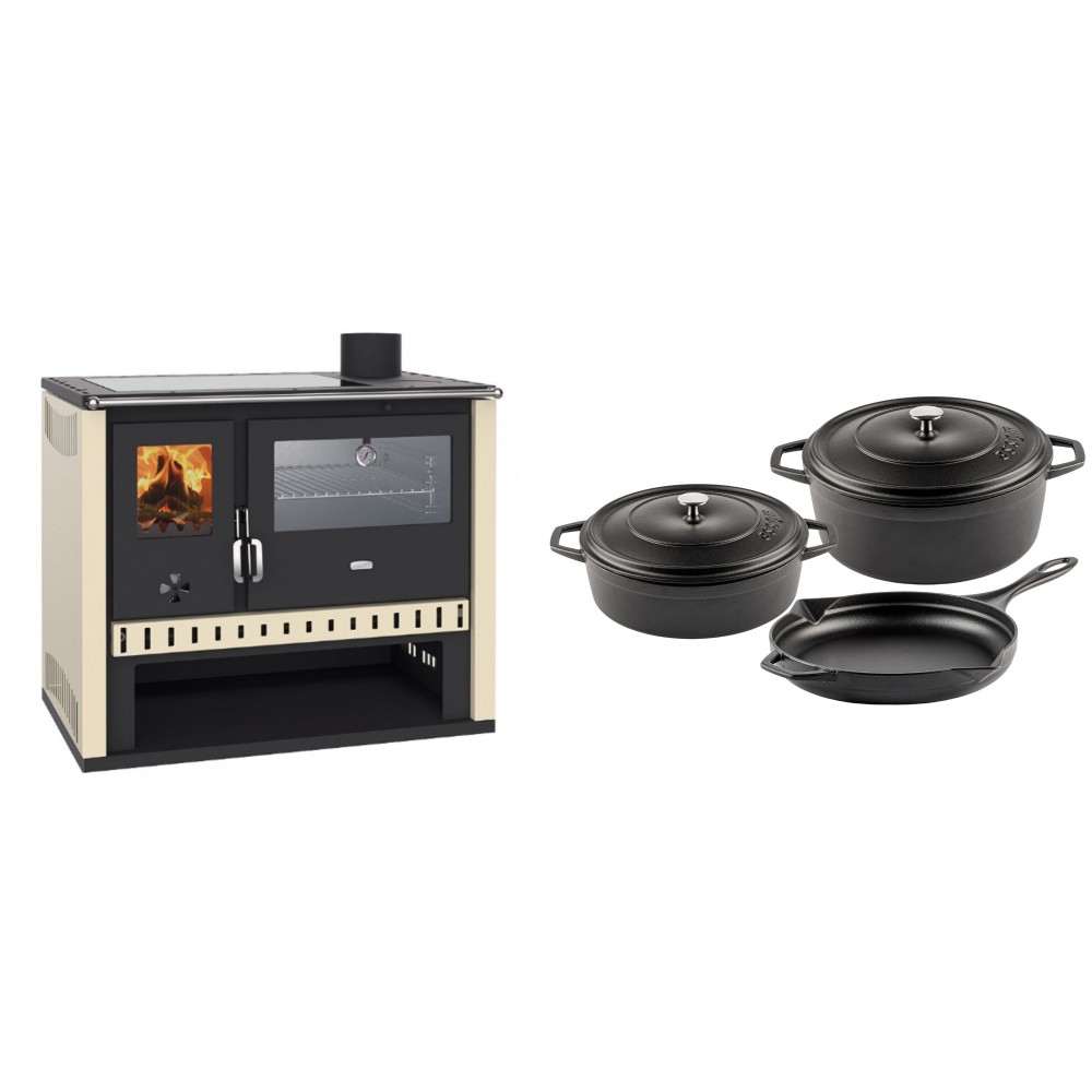 Set Küchenofen / Küchenhexe Prity GT, mit Edelstahlbackofen und Glaskeramikkochfeld, Leistung 15 kW + Gusseisen Topf Set aus 3 teilen Solagio, Black Onyx