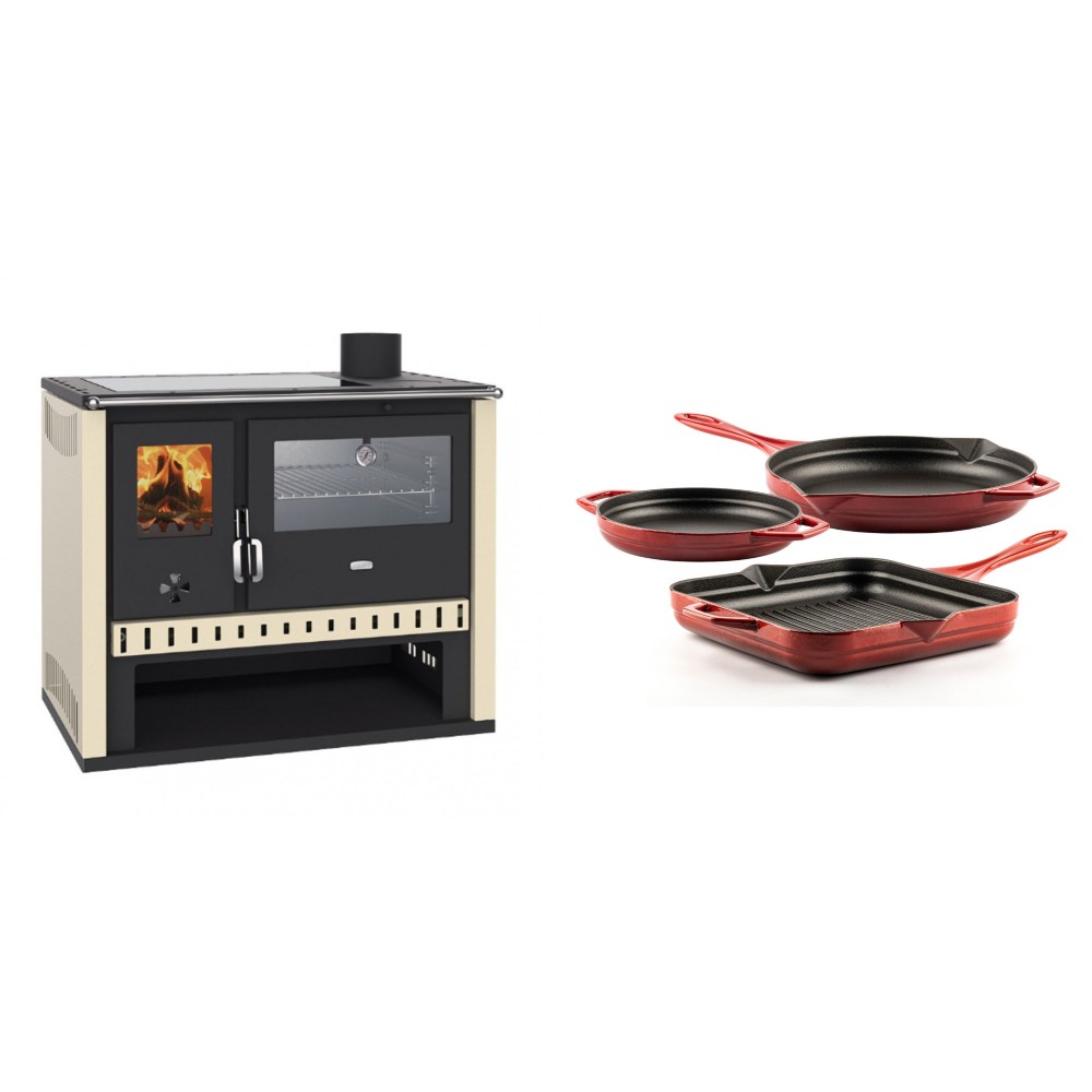 Set Küchenofen / Küchenhexe Prity GT, mit Edelstahlbackofen und Glaskeramikkochfeld, Leistung 15 kW + Gusseisen Topf Set aus 3 teilen Solagio, Rubin | Kaminofen - Holzofen mit Backfach | Kaminofen |