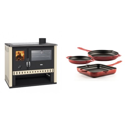 Set Küchenofen / Küchenhexe Prity GT, mit Edelstahlbackofen und Glaskeramikkochfeld, Leistung 15 kW + Gusseisen Topf Set aus 3 teilen Solagio, Rubin - Kaminofen - Holzofen mit Backfach