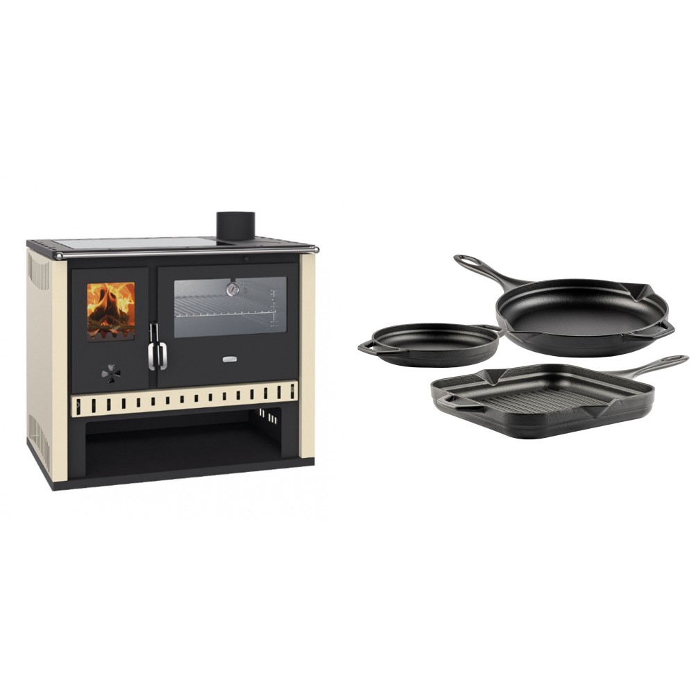 Set Küchenofen / Küchenhexe Prity GT, mit Edelstahlbackofen und Glaskeramikkochfeld, Leistung 15 kW + Gusseisen Topf Set aus 3 teilen Solagio, Black Onyx | Kaminofen - Holzofen mit Backfach | Kaminofen |