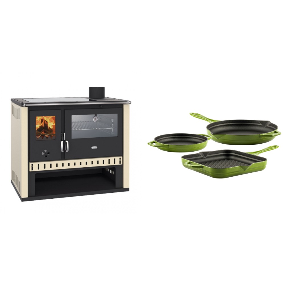 Set Küchenofen / Küchenhexe Prity GT, mit Edelstahlbackofen und Glaskeramikkochfeld, Leistung 15 kW + Gusseisen Topf Set aus 3 teilen Solagio, Bamboo