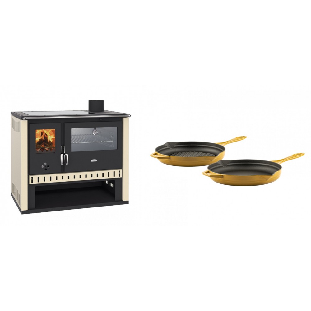 Set Küchenofen / Küchenhexe Prity GT, mit Edelstahlbackofen und Glaskeramikkochfeld, Leistung 15 kW + Gusseisen Topf Set aus 2 teilen Solagio, Dijon | Kaminofen - Holzofen mit Backfach | Kaminofen |