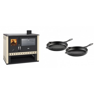 Set Küchenofen / Küchenhexe Prity GT, mit Edelstahlbackofen und Glaskeramikkochfeld, Leistung 15 kW + Gusseisen Topf Set aus 2 teilen Solagio, Black Onyx - Kaminofen - Holzofen mit Backfach