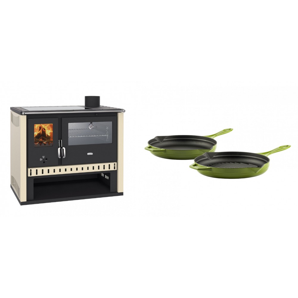 Set Küchenofen / Küchenhexe Prity GT, mit Edelstahlbackofen und Glaskeramikkochfeld, Leistung 15 kW + Gusseisen Topf Set aus 2 teilen Solagio, Bamboo | Kaminofen - Holzofen mit Backfach | Kaminofen |