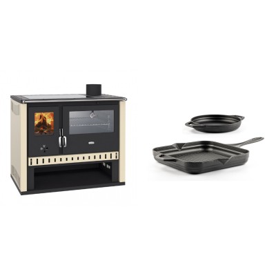 Set Küchenofen / Küchenhexe Prity GT, mit Edelstahlbackofen und Glaskeramikkochfeld, Leistung 15 kW + Gusseisen Topf Set aus 2 teilen Solagio, Black Onyx - Kaminofen - Holzofen mit Backfach