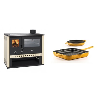 Set Küchenofen / Küchenhexe Prity GT, mit Edelstahlbackofen und Glaskeramikkochfeld, Leistung 15 kW + Gusseisen Topf Set aus 2 teilen Solagio, Dijon - Kaminofen - Holzofen mit Backfach