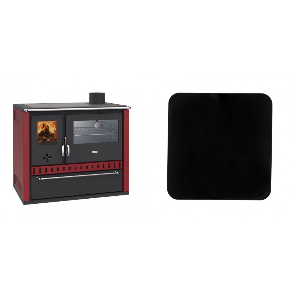 Set Küchenofen / Küchenhexe Prity GT Rot, mit Edelstahl-Backofen und Schublade, 15 kW + Funkenschutzplatte Stahl 2mm, Größe 98x98cm