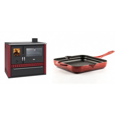 Set Küchenofen / Küchenhexe Prity GT Rot, mit Edelstahl-Backofen und Schublade, 15 kW + Emaillierte grillpfanne Gusseisen Solagio, Rubin, 28x28cm - Kaminofen - Holzofen mit Backfach