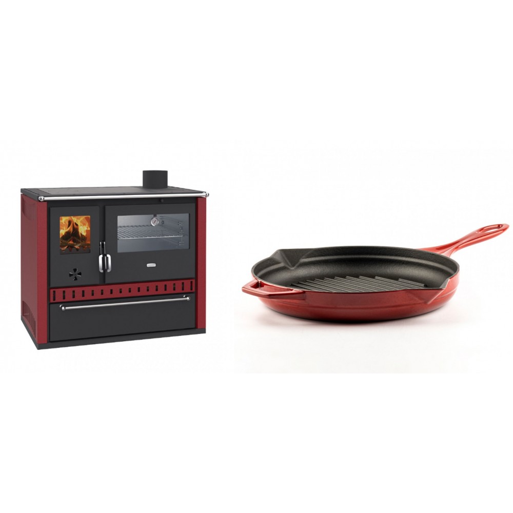 Set Küchenofen / Küchenhexe Prity GT Rot, mit Edelstahl-Backofen und Schublade, 15 kW + Emaillierte grillpfanne Gusseisen Solagio, Rubin, Ф28cm