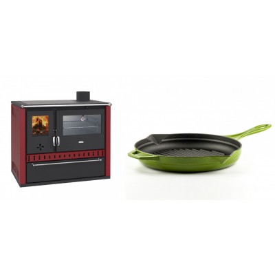 Set Küchenofen / Küchenhexe Prity GT Rot, mit Edelstahl-Backofen und Schublade, 15 kW + Emaillierte grillpfanne Gusseisen Solagio, Bamboo, Ф28cm - Kaminofen - Holzofen mit Backfach