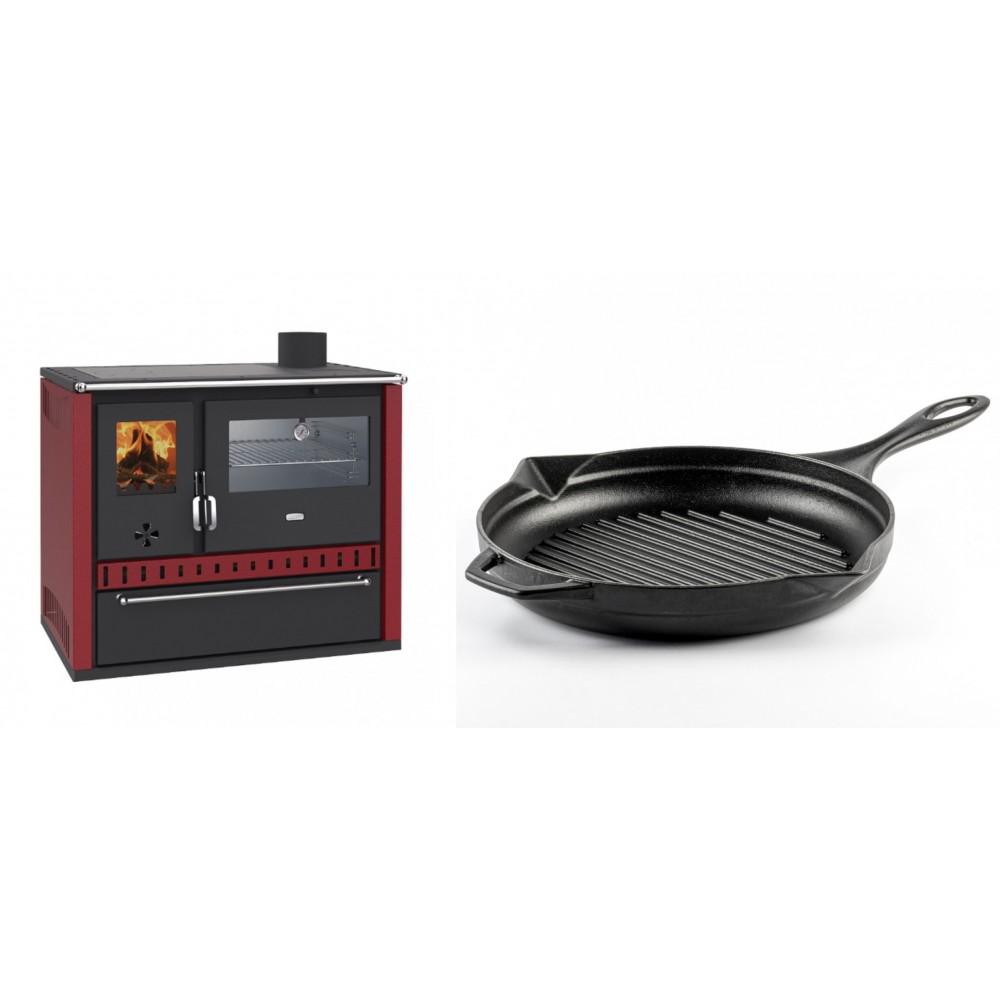 Set Küchenofen / Küchenhexe Prity GT Rot, mit Edelstahl-Backofen und Schublade, 15 kW + Emaillierte grillpfanne Gusseisen Solagio, Black Onyx, Ф28cm
