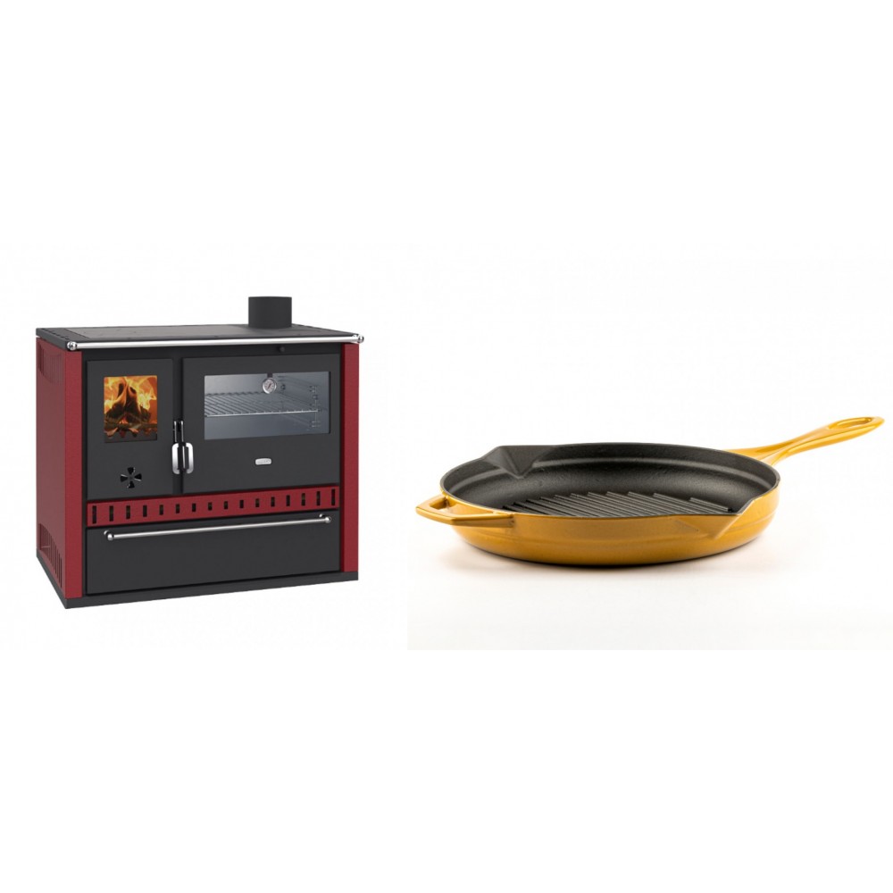 Set Küchenofen / Küchenhexe Prity GT Rot, mit Edelstahl-Backofen und Schublade, 15 kW + Emaillierte grillpfanne Gusseisen Solagio, Dijon, Ф28cm
