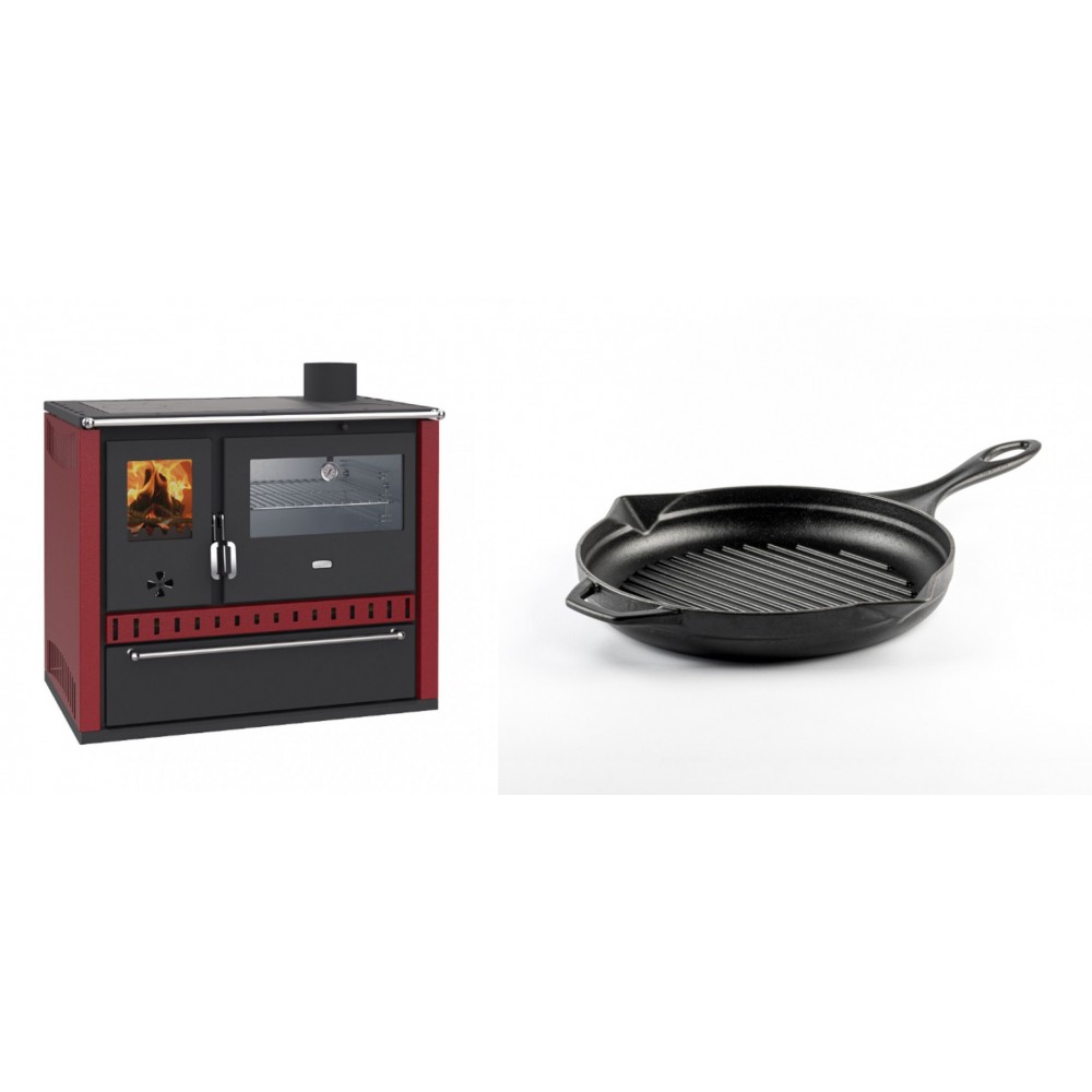 Set Küchenofen / Küchenhexe Prity GT Rot, mit Edelstahl-Backofen und Schublade, 15 kW + Emaillierte grillpfanne Gusseisen Solagio, Black Onyx, Ф24cm | Kaminofen - Holzofen mit Backfach | Kaminofen |