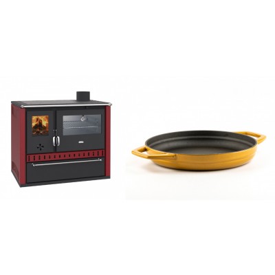 Set Küchenofen / Küchenhexe Prity GT Rot, mit Edelstahl-Backofen und Schublade, 15 kW + Emaillierte gusseisenpfanne mit zwei Griffen Solagio, Dijon, Ф22cm - Kaminofen - Holzofen mit Backfach