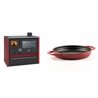 Set Küchenofen / Küchenhexe Prity GT Rot, mit Edelstahl-Backofen und Schublade, 15 kW + Emaillierte gusseisenpfanne mit zwei Griffen Solagio, Rubin, Ф22cm - Kaminofen - Holzofen mit Backfach