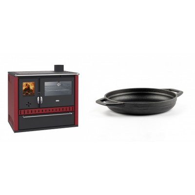 Set Küchenofen / Küchenhexe Prity GT Rot, mit Edelstahl-Backofen und Schublade, 15 kW + Emaillierte gusseisenpfanne mit zwei Griffen Solagio, Black Onyx, Ф19cm - Kaminofen - Holzofen mit Backfach