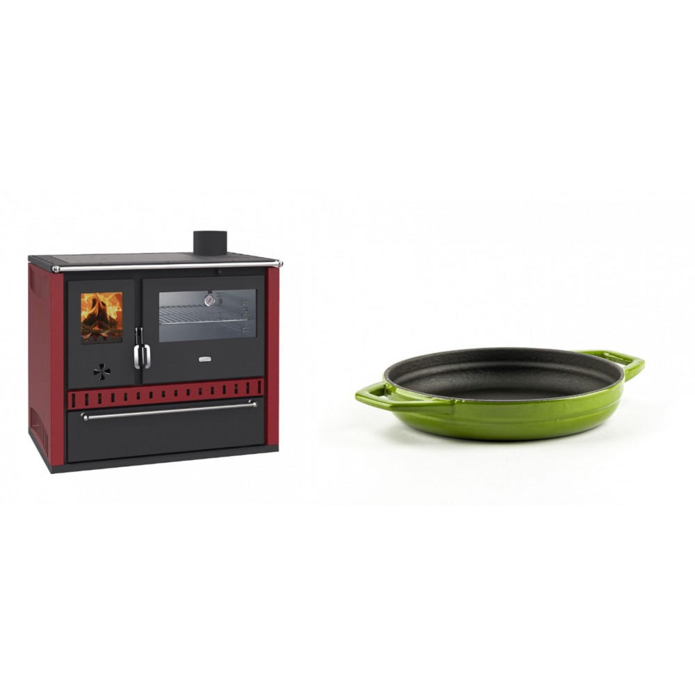 Set Küchenofen / Küchenhexe Prity GT Rot, mit Edelstahl-Backofen und Schublade, 15 kW + Emaillierte gusseisenpfanne mit zwei Griffen Solagio, Bamboo, Ф16cm | Kaminofen - Holzofen mit Backfach | Kaminofen |