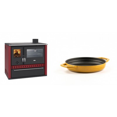 Set Küchenofen / Küchenhexe Prity GT Rot, mit Edelstahl-Backofen und Schublade, 15 kW + Emaillierte gusseisenpfanne mit zwei Griffen Solagio, Dijon, Ф16cm - Kaminofen - Holzofen mit Backfach