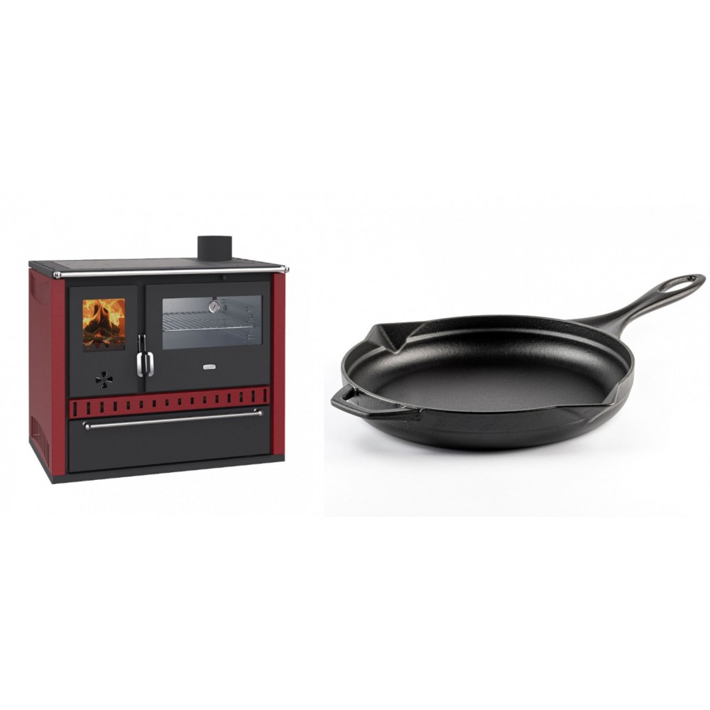 Set Küchenofen / Küchenhexe Prity GT Rot, mit Edelstahl-Backofen und Schublade, 15 kW + Emaillierte Gusseisenpfanne Solagio, Black Onyx, Ф28cm | Kaminofen - Holzofen mit Backfach | Kaminofen |