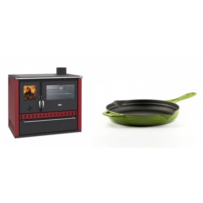 Set Küchenofen / Küchenhexe Prity GT Rot, mit Edelstahl-Backofen und Schublade, 15 kW + Emaillierte Gusseisenpfanne Solagio, Bamboo, Ф24cm - Kaminofen - Holzofen mit Backfach