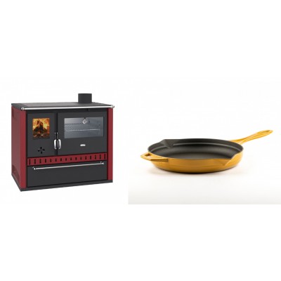 Set Küchenofen / Küchenhexe Prity GT Rot, mit Edelstahl-Backofen und Schublade, 15 kW + Emaillierte Gusseisenpfanne Solagio, Dijon, Ф24cm - Kaminofen - Holzofen mit Backfach