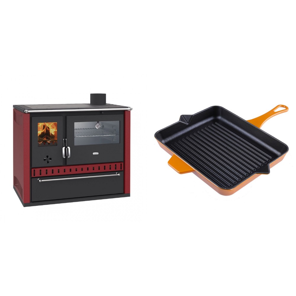 Set Küchenofen / Küchenhexe Prity GT Rot, mit Edelstahl-Backofen und Schublade, 15 kW + Emaillierte grillpfanne Gusseisen Solagio, Dijon, 26x32cm | Kaminofen - Holzofen mit Backfach | Kaminofen |