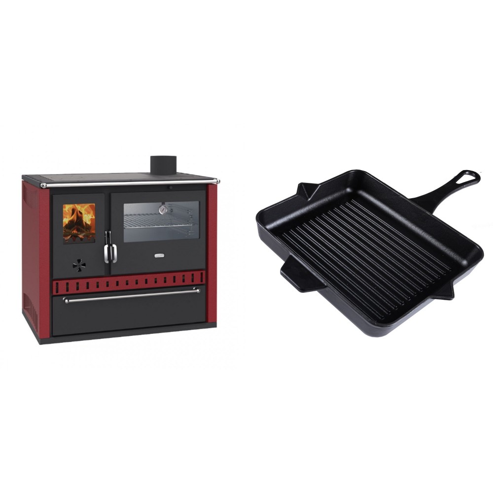Set Küchenofen / Küchenhexe Prity GT Rot, mit Edelstahl-Backofen und Schublade, 15 kW + Emaillierte grillpfanne Gusseisen Solagio, Black Onyx, 26x32cm | Kaminofen - Holzofen mit Backfach | Kaminofen |