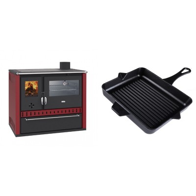 Set Küchenofen / Küchenhexe Prity GT Rot, mit Edelstahl-Backofen und Schublade, 15 kW + Emaillierte grillpfanne Gusseisen Solagio, Black Onyx, 26x32cm - Kaminofen - Holzofen mit Backfach