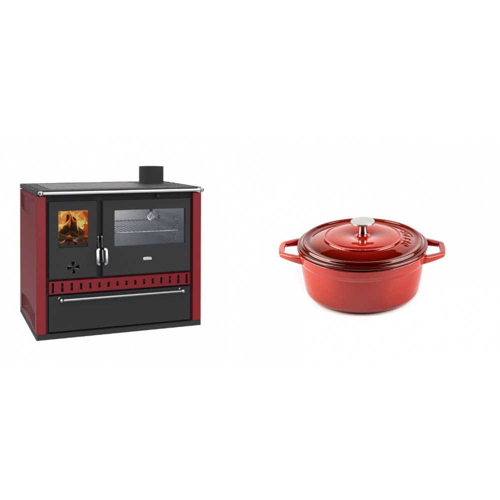 Set Küchenofen / Küchenhexe Prity GT Rot, mit Edelstahl-Backofen und Schublade, 15 kW + Gusseisen Topf Tiefer Solagio, Rubin, Ф12 | Kaminofen - Holzofen mit Backfach | Kaminofen |