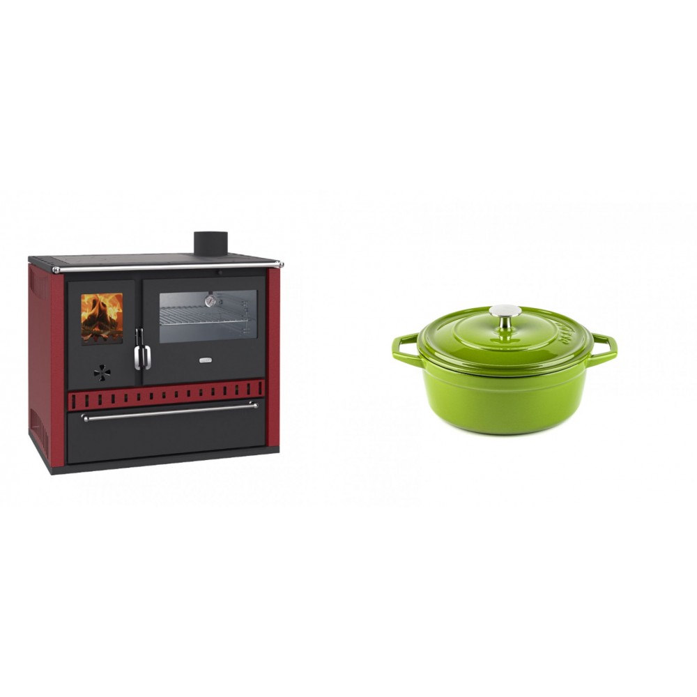 Set Küchenofen / Küchenhexe Prity GT Rot, mit Edelstahl-Backofen und Schublade, 15 kW + Gusseisen Topf Tiefer Solagio, Bamboo, Ф12 | Kaminofen - Holzofen mit Backfach | Kaminofen |