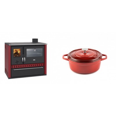 Set Küchenofen / Küchenhexe Prity GT Rot, mit Edelstahl-Backofen und Schublade, 15 kW + Gusseisen Topf Tiefer Solagio, Rubin, Ф20 - Kaminofen - Holzofen mit Backfach