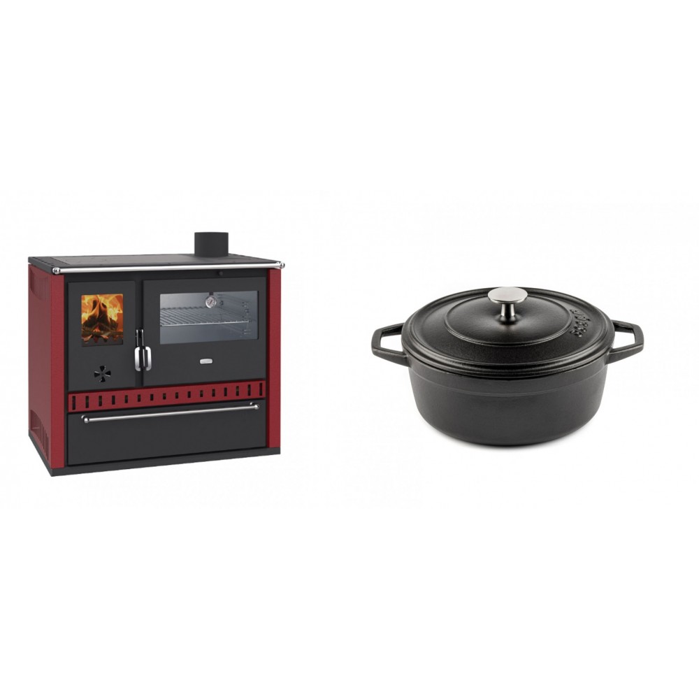 Set Küchenofen / Küchenhexe Prity GT Rot, mit Edelstahl-Backofen und Schublade, 15 kW + Gusseisen Topf Tiefer Solagio, Black Onyx, Ф20