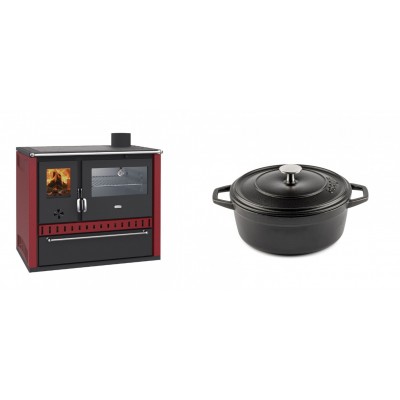 Set Küchenofen / Küchenhexe Prity GT Rot, mit Edelstahl-Backofen und Schublade, 15 kW + Gusseisen Topf Tiefer Solagio, Black Onyx, Ф20 - Kaminofen - Holzofen mit Backfach